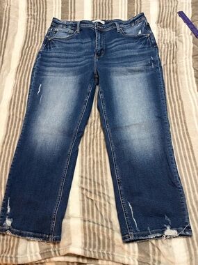 KanCan Crop Dark Blue Distressed Denim Hem Jeans
